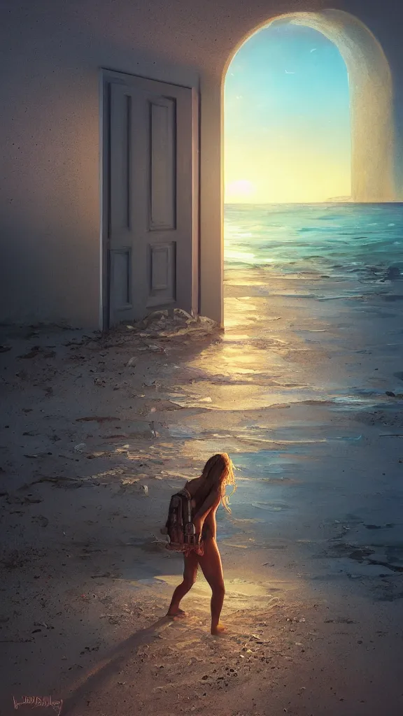 Image similar to a door to another dimension opens on a beach in the style of michael whelan, hyperrealistic, photorealistic, concept art, trending on artstation, digital illustration, cinematic lighting, 4 k, ultra hd, beautiful colors, highly detailed, octane render, unreal engine 5