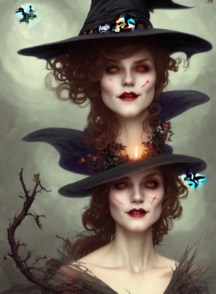 Image similar to halloween witch woman in a hat smiles, fantasy magic, undercut hairstyle, dark light night, intricate, elegant, sharp focus, illustration, highly detailed, digital painting, concept art, matte, art by wlop and artgerm and greg rutkowski and alphonse mucha, masterpiece