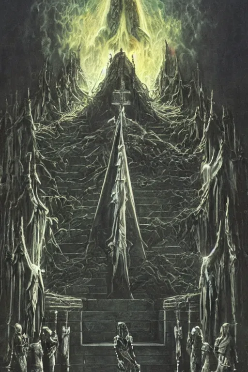 Image similar to Artwork by Don Maitz of the cinematic view of the Cenotaph of Ever-changing Blasphemy.