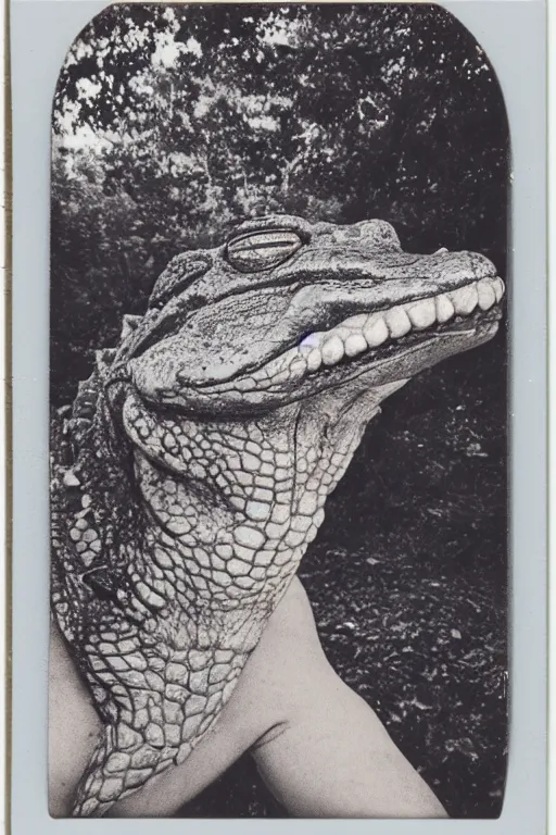 Image similar to a beautiful polaroid of a crocodile headed god