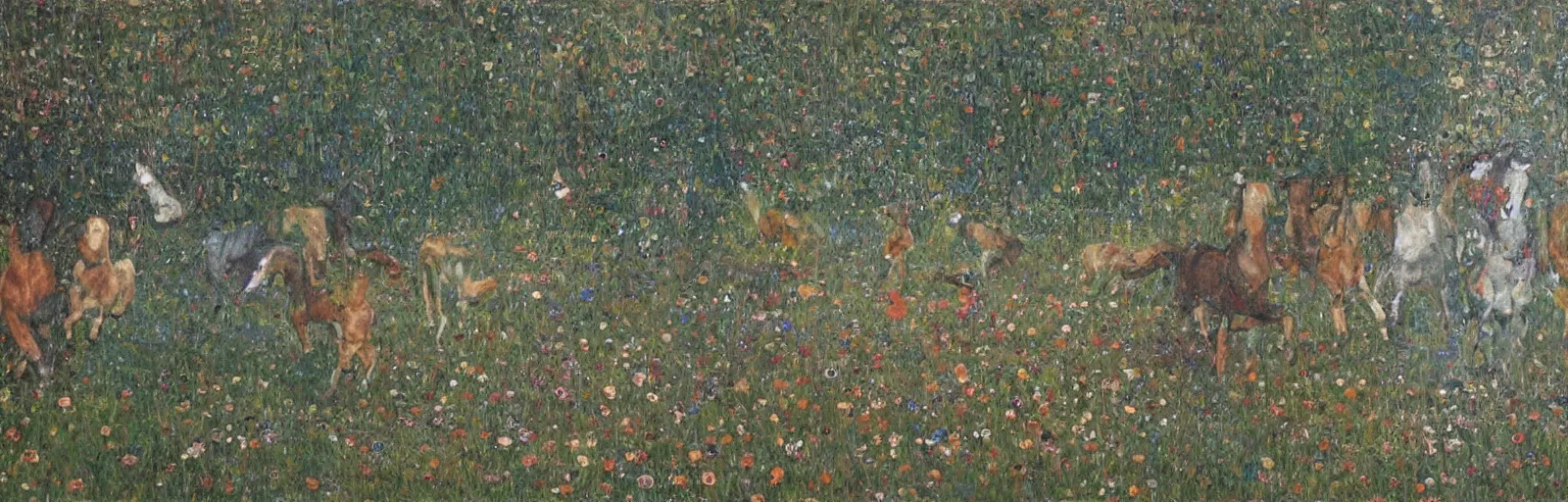 Image similar to lots of horses running through the field, hyper realistic, more details, they might be crawling, original oil on canvas painting by gustav klimt