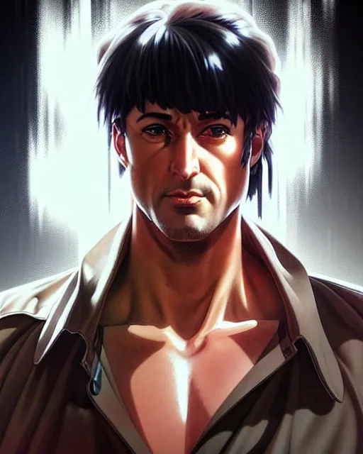 Image similar to portrait Anime 1940s Stallone Rambo Sharp fine face, realistic shaded Perfect face, fine details. Anime. cyberpunk realistic shaded lighting by katsuhiro otomo ghost-in-the-shell, magali villeneuve, artgerm, rutkowski Jeremy Lipkin and Giuseppe Dangelico Pino and Michael Garmash and Rob Rey