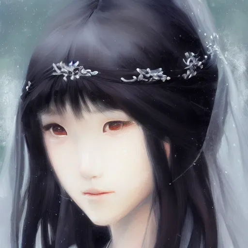 Prompt: Asian girl, watery black eyes, long wavy black hair, white veil, front closeup, highly detailed, centered, oil painting, artstation, anime painting by Cushart Krenz