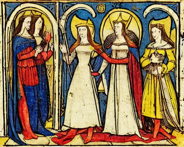 Image similar to lancelot and the four queens, medieval illustration,