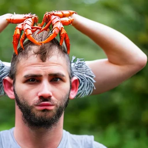 Prompt: photo of man with a crayfish on his head, realistic