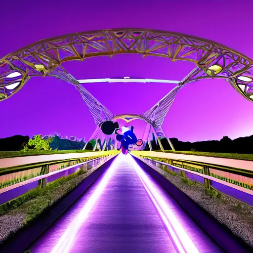 Prompt: bridge in the shape of Mickey mouse purple night sky