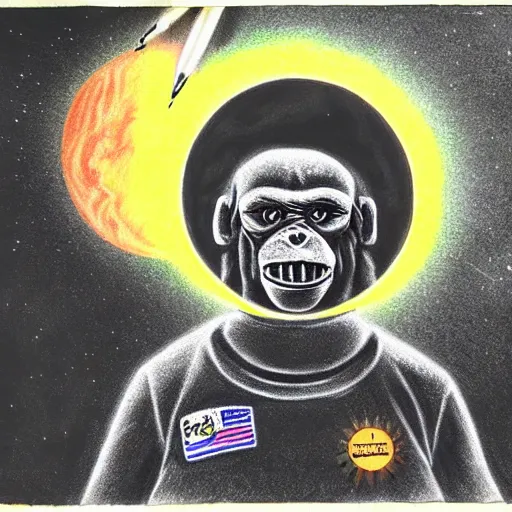 Prompt: pencil art, realistic self portrait, astronaut with a chimpanzee, psychedelic, solar eclipse.