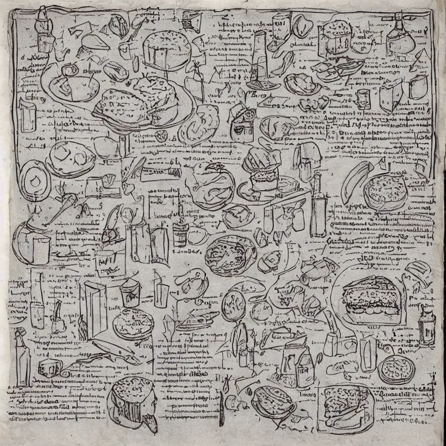 Prompt: ( ( ( ( illustrated recipe for a bigmac hamburger ) ) ) ) lot of medieval enluminures in the background explaining the recipe, schematic in a notebook