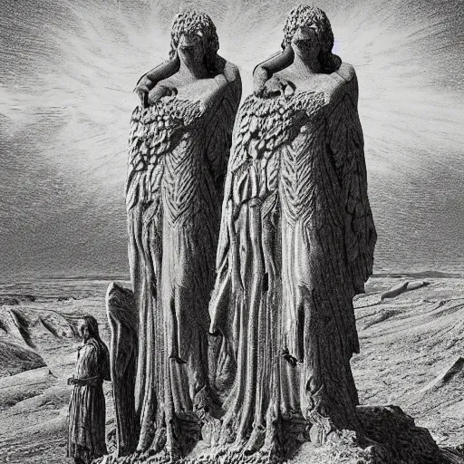 Image similar to weeping angel statues in the mohave desert, high detail, dramatic light, illustration by gustave dore