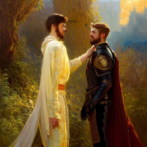 Prompt: attractive fully clothed king confesses his love for his attractive fully clothed male prince. highly detailed painting by gaston bussiere, tom bagshaw, craig mullins