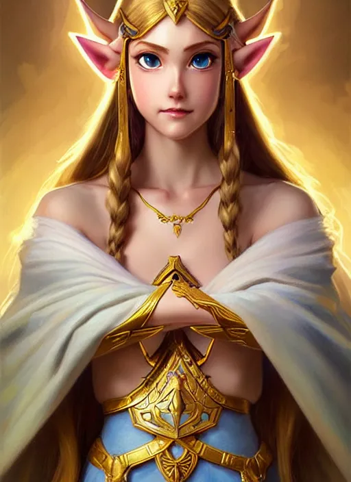 Image similar to perfectly detailed princess zelda!! blessed by nature with ever - increasing physical mental perfection, symmetrical! intricate, sensual features, highly detailed, biblical divine holy perfection!! digital painting, artstation, concept art, smooth, sharp focus, illustration, art by artgerm and greg rutkowski and alphonse mucha