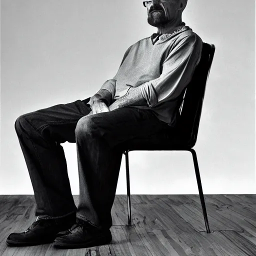 Image similar to walter white sitting on chair standing photo by annie leibovitz 8 0 mm lens bokeh