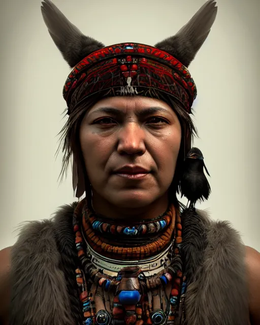 Image similar to headshot portrait of a shaman with raven features, cgsociety, detailed, unreal engine, textured, cinematic, character design