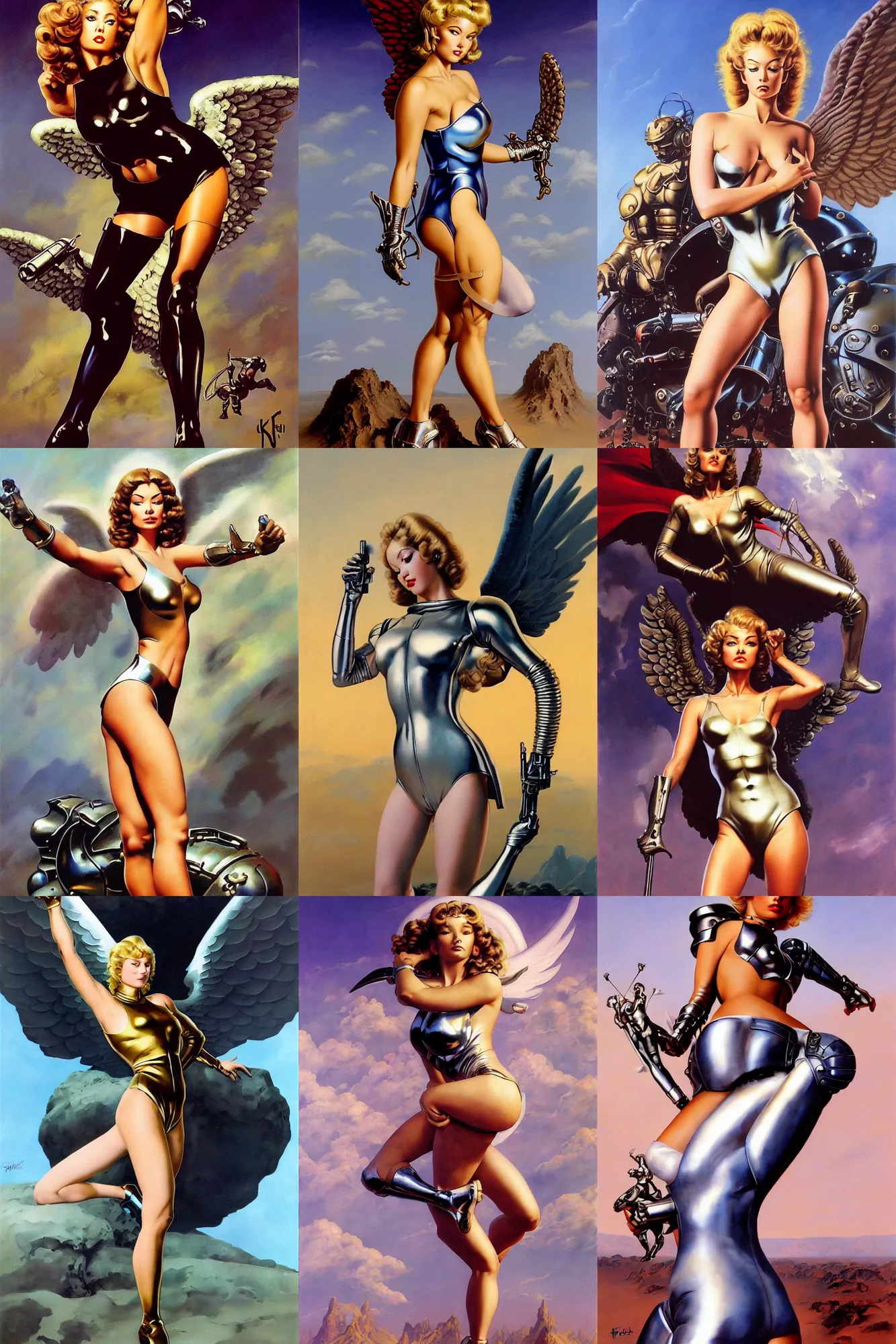 Prompt: Worksafe, fully clothed. Painting of sexy, young, gentle and cute armored angel girl, posing in leotard and chrome, by Frank Frazetta, Boris Vallejo, Larry Elmore, Julie Bell, Keith Parkinson, Salvador Dali, Hajime Sorayama, Ayami Kojima and lyde Caldwell, trending on ArtStation.