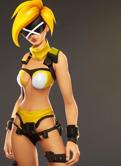 prompthunt: tracer game character, in yellow bikini, blonde hair