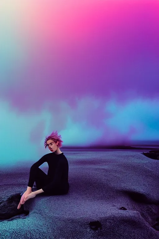 Image similar to high quality pastel coloured film close up wide angle photograph of a model wearing clothing resting on cloud furniture in a icelandic black rock environment in a partially haze filled dreamstate world. three point light, rainbow. photographic production. art directed. pastel colours. volumetric clouds. pastel gradient overlay. waves glitch artefacts. extreme facial clarity. 8 k. filmic.