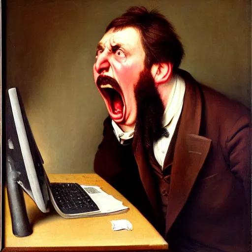 Image similar to an angry man yells at his computer monitor, oil on canvas, 1 8 8 3, highly detailed