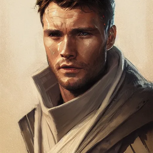 Image similar to portrait of a man by greg rutkowski, jedi knight, he looks like scott eastwood, wearing a flying jacket, star wars expanded universe, he is about 3 0 years old, highly detailed portrait, digital painting, artstation, concept art, smooth, sharp foccus ilustration, artstation hq