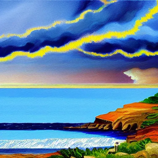 Prompt: a painting of a landscape panorama of a cozy seaside village with a menacing lightning storm on the ocean horizon, vivid colors, by anthony micallef by camille rose garcia,