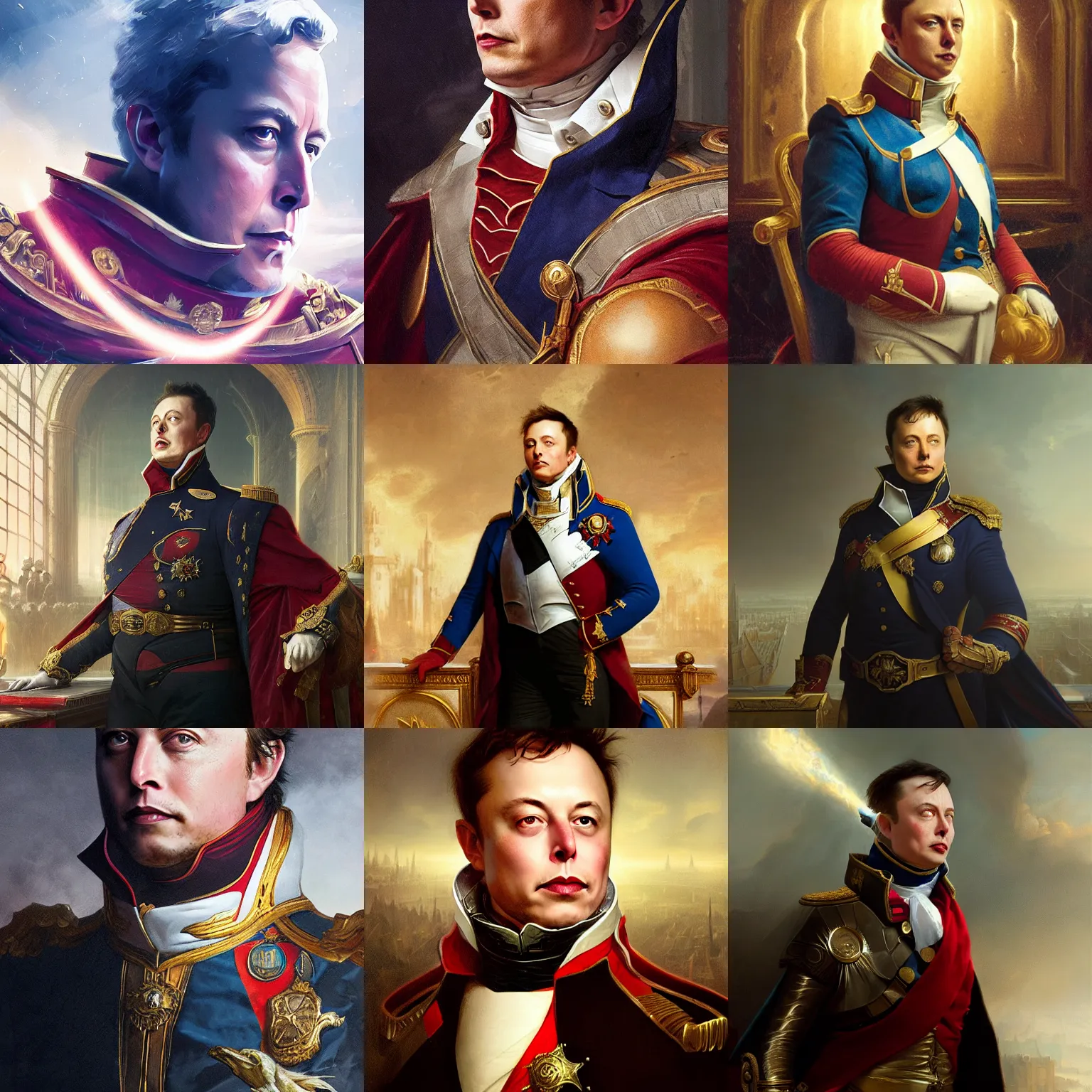 Prompt: Portrait of Elon Musk as emperor napoleon, amazing splashscreen artwork, splash art, head slightly tilted, natural light, elegant, intricate, fantasy, atmospheric lighting, cinematic, matte painting, by Greg rutkowski