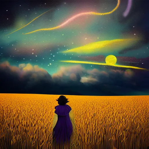 Image similar to giant purple daisy flower as a head, girl walking in wheat field, hills, surreal photography, dark night, star trails, dramatic light, impressionist painting, clouds, digital painting, artstation, simon stalenhag
