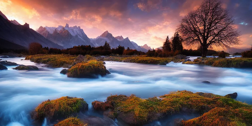 Prompt: landscape photography, marc adamus, alps, a river, dramatic lighting, sunrise, tree in the foreground