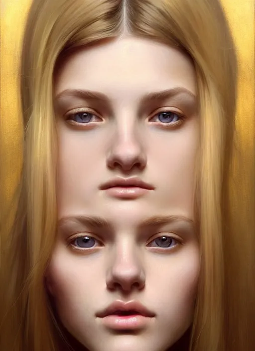 Image similar to beautiful symmetrical face, portrait of young woman blessed with ever - increasing physical and mental perfection, realism, blonde hair, perfect face!! intricate, elegant, highly detailed, vision of holy perfection!! digital painting, artstation, concept art, smooth, sharp focus, illustration, humanity, art by artgerm and greg rutkowski and alphonse mucha