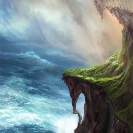 Prompt: cliffside cave overlooking a stormy ocean, highly detailed, by charlie bowater