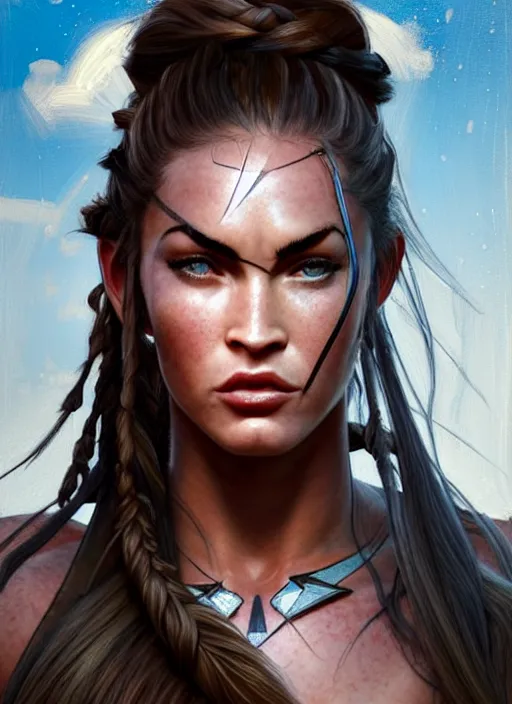 Prompt: megan fox appearance with black braided hair as aloy from horizon zero dawn with muscular sexy upper body, countryside, calm, fantasy character portrait, dynamic pose, above view, sunny day, thunder clouds in the sky, artwork by jeremy lipkin and giuseppe dangelico pino very coherent asymmetrical artwork, sharp edges, perfect face, simple form, 1 0 0 mm