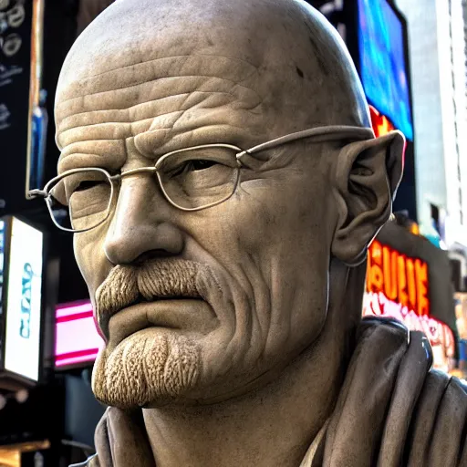 Prompt: a photograph of a very detailed renaissance sculpture of walter white wearing a phrygian cap in times square, made by michelangelo, from the distance, hyper detailed, sharp focus, 8 k resolution, ray tracing