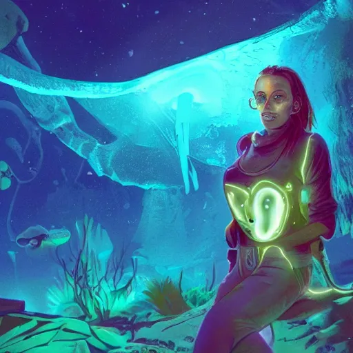 Image similar to a rugged adventurer, she is surrounded by bioluminescence in a glowing alien jungle, fantasy