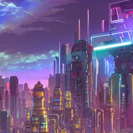 Image similar to a city of light built in the side of a giant robot corpse repurposed to save the planet, set in the distant future, plants, light prisms, rainbow diffraction, steampunk, cyberpunk, warm lights, anime, vhs distortion