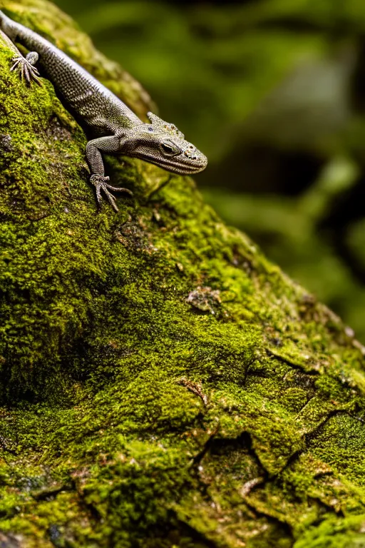 Image similar to a macro photo of a lizard on a moss covered rock, shiny scales, moss and vegetation, ancient forest, close - up, intricate details, intricately detailed textures, warm lighting, vivid colors, smoke and mist, hyper realistic octane render, volumetric shading, depth of field, raytracing, 8 k,