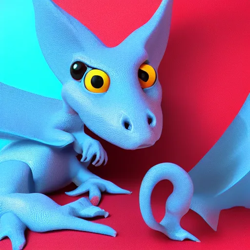 Prompt: “ baby dragon, red with yellow eyes, blender 3 d image, smooth, high quality, blue floor, 8 k ”