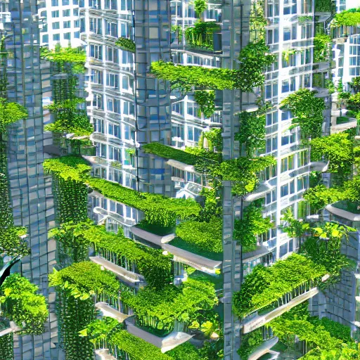 Image similar to 4k anime wallpaper of a future solarpunk city, vertical farming on walls, solar on roof, vegetation everywhere
