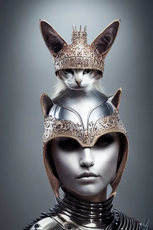 Image similar to female knight wearing a real cat on her head, armor designed by wayne barlowe, swarovski and tiffany, blonde hair, symmetry, sci - fi, cinematic, elegant, luxury, perfect light, perfect composition, dlsr photography, sharp focus, dark fantasy, 8 k, ultra hd, sense of awe, highly detailed, realistic, intricate