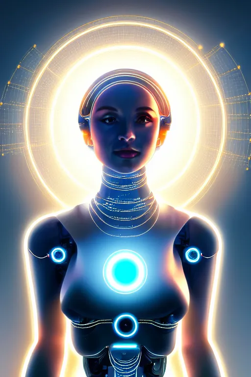 Image similar to portrait of the goddess of artificial intelligence as a half robotic beautiful girl, in front of a shining orb of data, threads of light in the background, detailed eyes, extremely high quality artwork, very detailed, trending on artstation