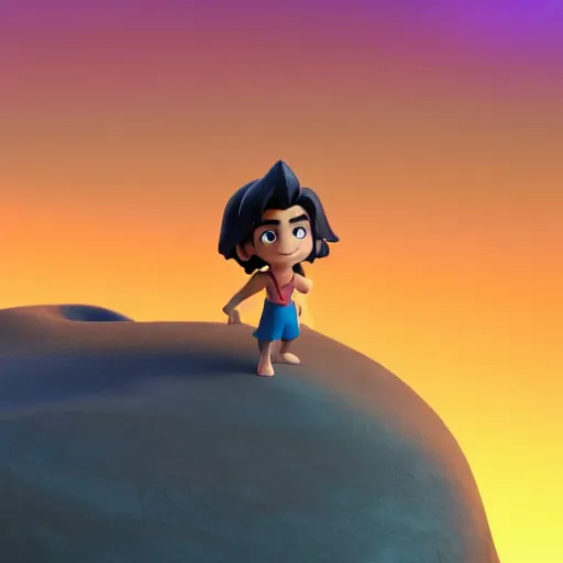 Image similar to profile view of young aladdin as nendoroid walking in a desert in the croods movie style, anime, disney, pixar, 8 k, hd, dof, kodak film, volumetric lighting, subsurface scattering, photorealistic, octane render, details