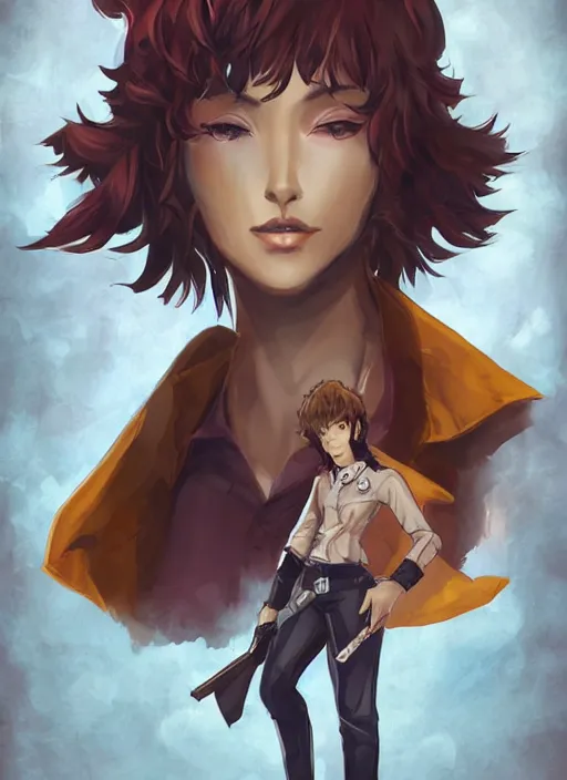 Prompt: full size persona, female sheriff, detail, ultra sharpness, beautiful female, detailed face, art by huyy nguyen, style by cain kuga, cowboy bebop art style, 3 2 beautiful color palettes with their corresponding gradient, stroke line