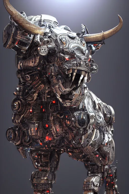 Image similar to a full body shot of a cyborg ( bull ) modeled after a bull looking into the camera, android, cyborg, full body shot, intricate, 3 d, hyper realism, fantasy, depth of field, octane render, symmetrical, highly detailed, digital art, artstation, concept art, cinematic lighting, trending