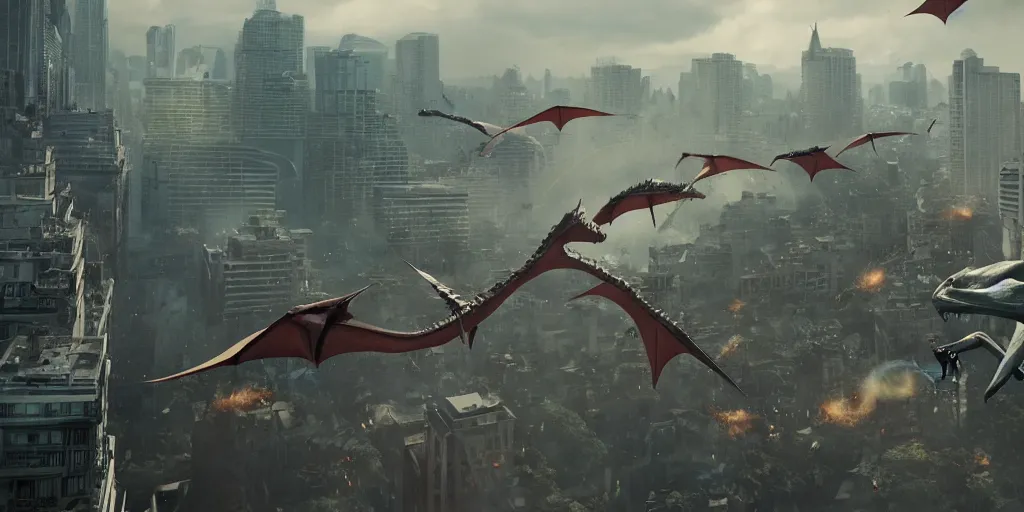 Prompt: movie frame still from live action horde of pteranodon attacking the city 8 k ultra wide angle zenith view greg rutkowski kim jung gi