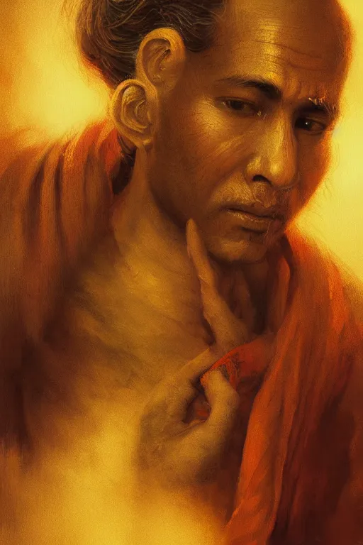 Image similar to hindu monk, close - up portrait, devoted, intricate, elegant, volumetric lighting, scenery, digital painting, highly detailed, artstation, sharp focus, illustration, concept art, ruan jia, steve mccurry