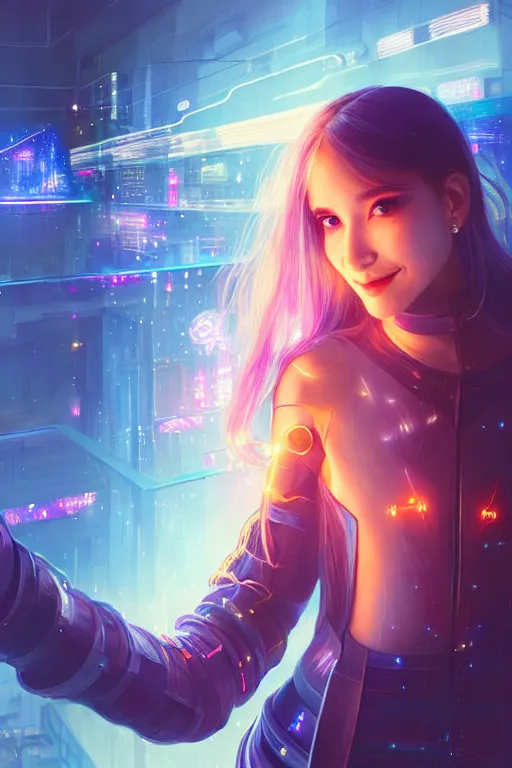 Prompt: portrait futuristic wizard Girl with fire and sparkles and firefly, lovely smile, in future cyberpunk tokyo rooftop , ssci-fi, fantasy, intricate, very very beautiful, elegant, human anatomy, human structure, neon light, highly detailed, digital painting, artstation, concept art, smooth, sharp focus, illustration, art by tian zi and WLOP and alphonse mucha