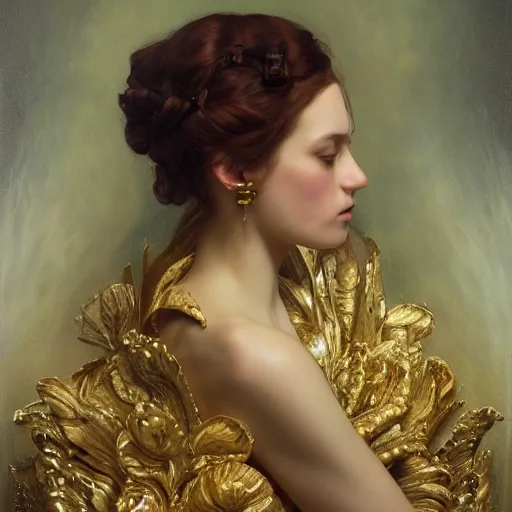 Image similar to highly detailed oil painting | very intricate | cinematic lighting | award - winning | portrait of saturnusdaughter dressed in high fashion | by roberto ferri, by tom bagshaw, by j. c. leyendecker and klimt, american romanticism, by austin osman spare, artstation, cgsociety, official art, octane