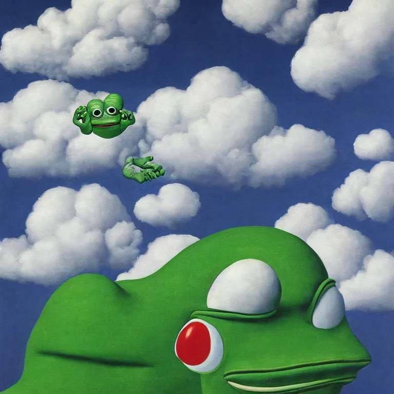 Prompt: cloud - man but pepe the frog, by rene magritte, centered, detailed painting, hd, hq, high resolution, high detail, 4 k, 8 k