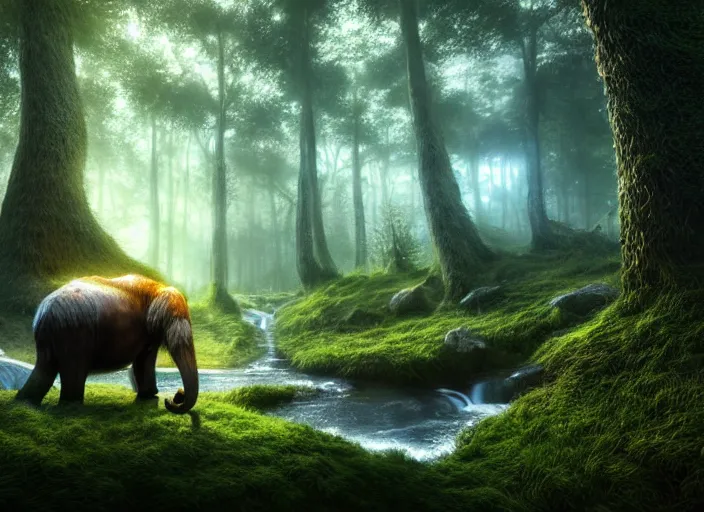 Image similar to hyperrealism, detailed textures, photorealistic 3 d render, a surreal mystical forest with a bright winding blue creek, wooly mammoths grazing, ultra realistic cinematic, intricate, cinematic light, concept art, illustration, art station, unreal engine