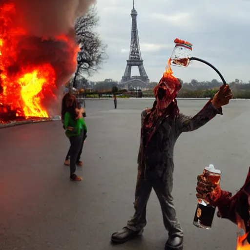 Prompt: zombie drinking water with eifel tower on fire