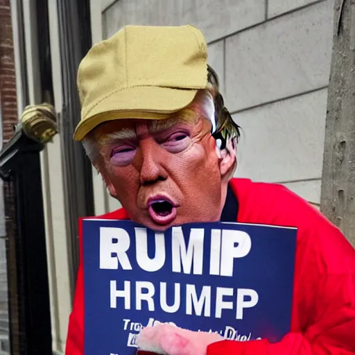 Image similar to donald trump dressed as a homeless man asking for money on the streets, detailed face