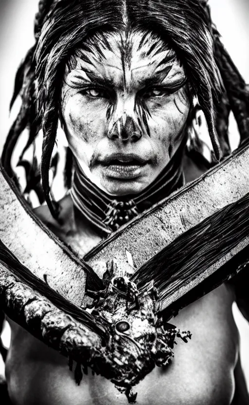 Image similar to fight portrait ancient shaman tribeswoman in battlerage, destroyed armor inspired by monster hunter, low shot, muscular body, symmetrical face, clean face, subtle make up, destruction around her, frozen time,dramatic lighting, cinematic, establishing shot, extremely high detail, photorealistic, 300 the movie,monster hunter the movie, dune the movie, cinematic lighting, artstation, octane render, western,old photo, vintage