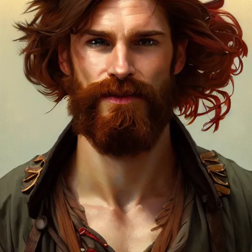 Image similar to portrait of a young ruggedly handsome but joyful pirate, male, masculine, upper body, red hair, long hair, d & d, fantasy, seductive smirk, intricate, elegant, highly detailed, digital painting, artstation, concept art, matte, sharp focus, illustration, art by artgerm and greg rutkowski and alphonse mucha